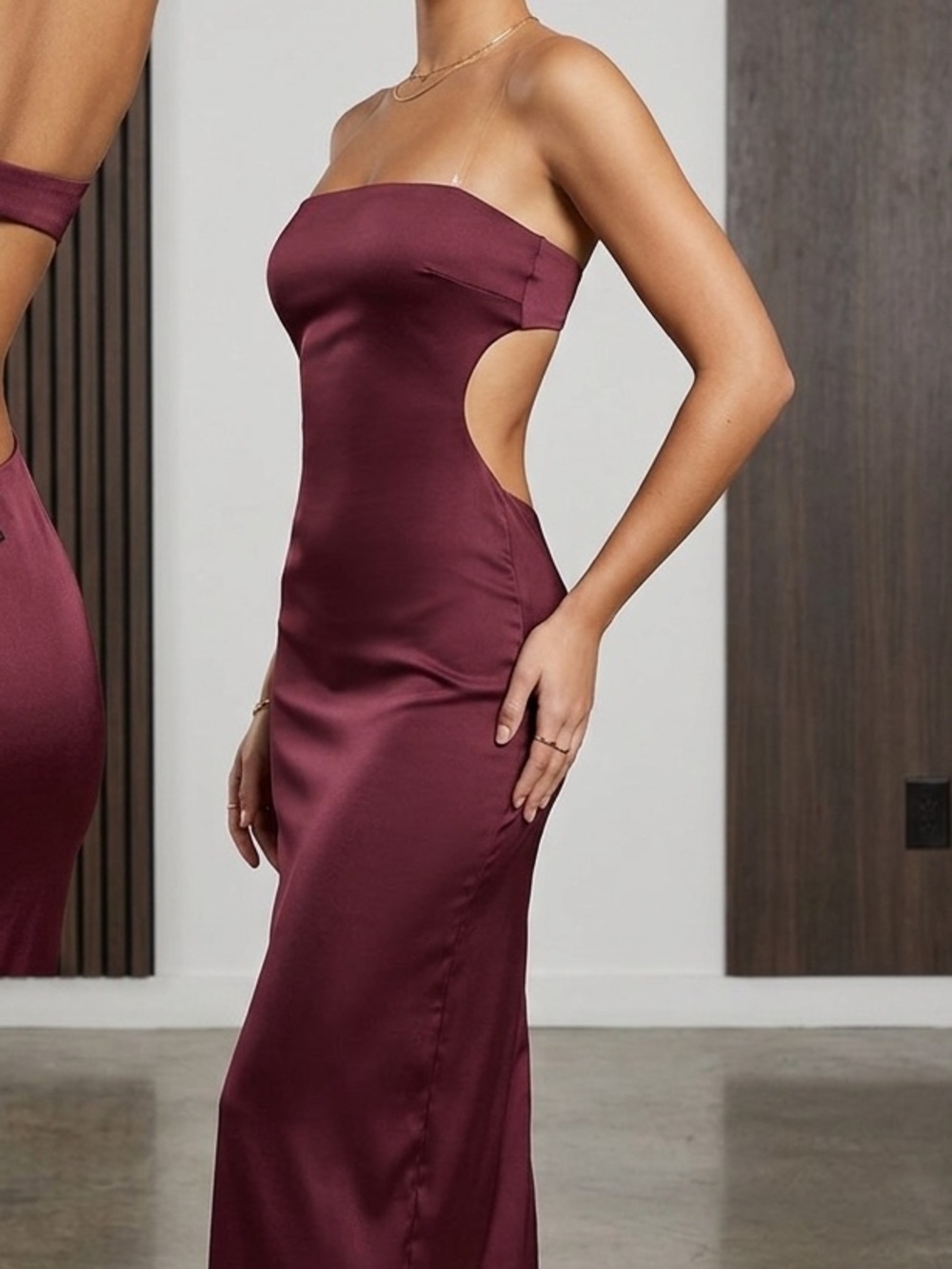 Forever 21 Strapless Satin Side Split Maxi Dress in Burgundy